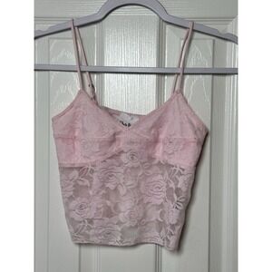 Sky To Moon Junior Pink Lace Sheer Cropped Strappy Tank Top Juniors Sz Small